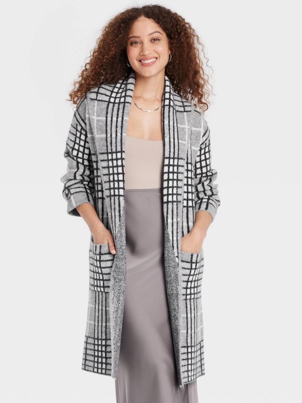A New Day Gray Plaid Long Cardigan Sweater